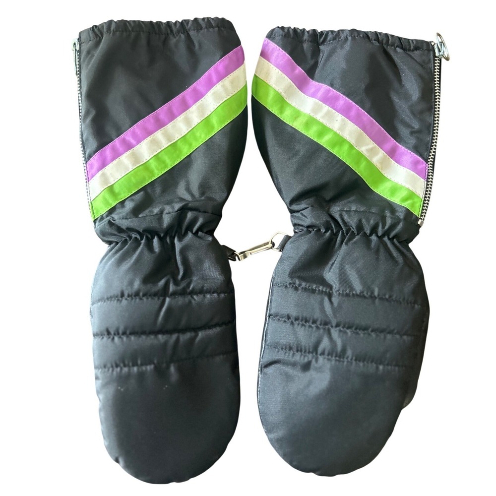 Vintage Ski Mittens Jr Large Black Genuine Cowhide Leather Neon Stripe Japan